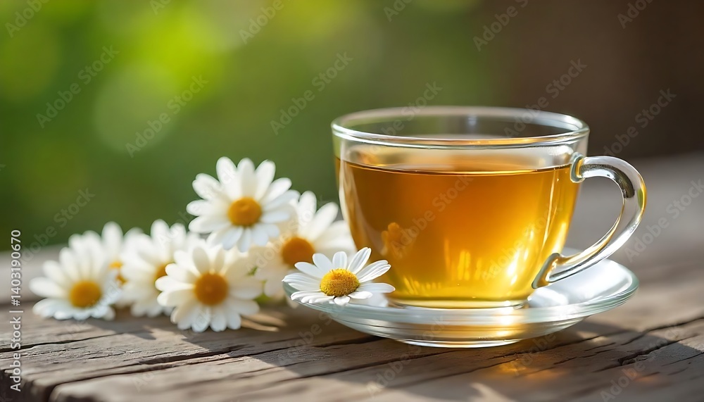 Chamomile tea with copy space, Closeup of chamomile herbal tea with flowers on wooden table promoting health and healing with copy space available, created with generative ai Chamomile tea with copy space, Closeup of chamomile herbal tea with flowers on wooden table promoting health and healing with copy space available, created with generative ai