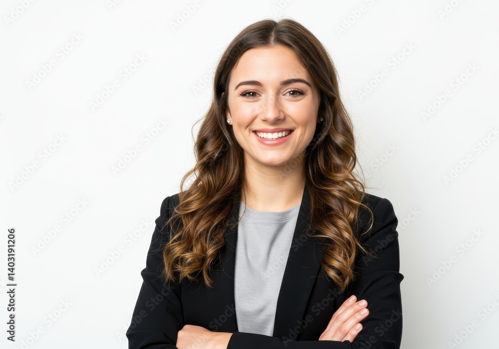 Portrait of smiling woman with arms crossed wearing a blazer against a white plain background Portrait of smiling woman with arms crossed wearing a blazer against a white plain background