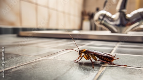 Cockroach Crawling on Clean Kitchen Floor Near Sink in Bright Indoor Environment