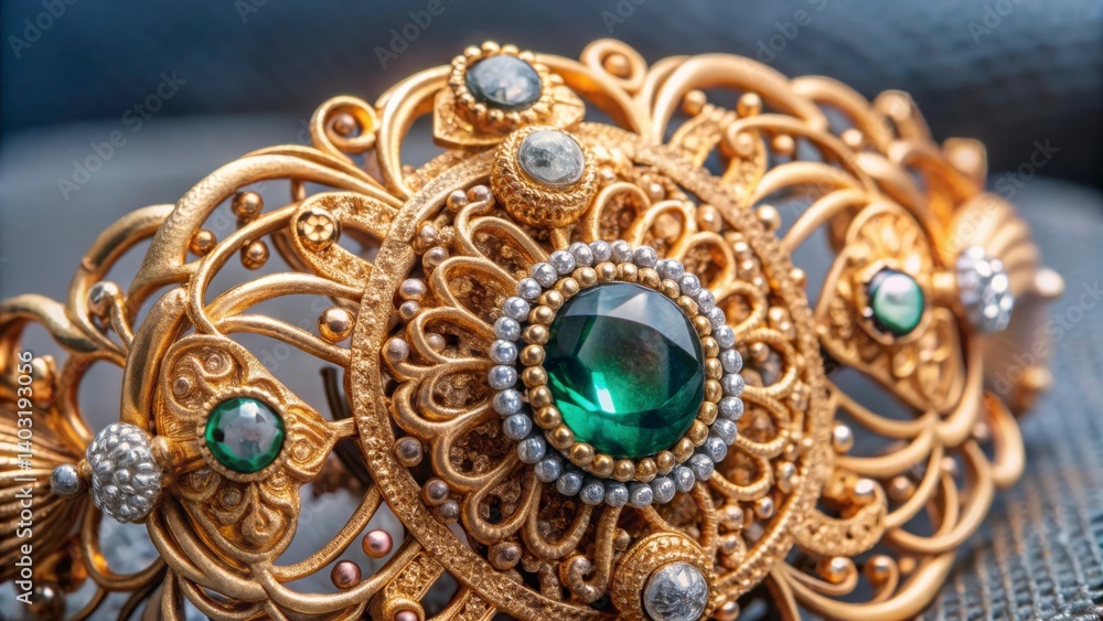 An intricately designed gold jewelry piece adorned with emerald and diamond-like stones, showcasing exquisite craftsmanship and elegance. An intricately designed gold jewelry piece adorned with emerald and diamond-like stones, showcasing exquisite craftsmanship and elegance.