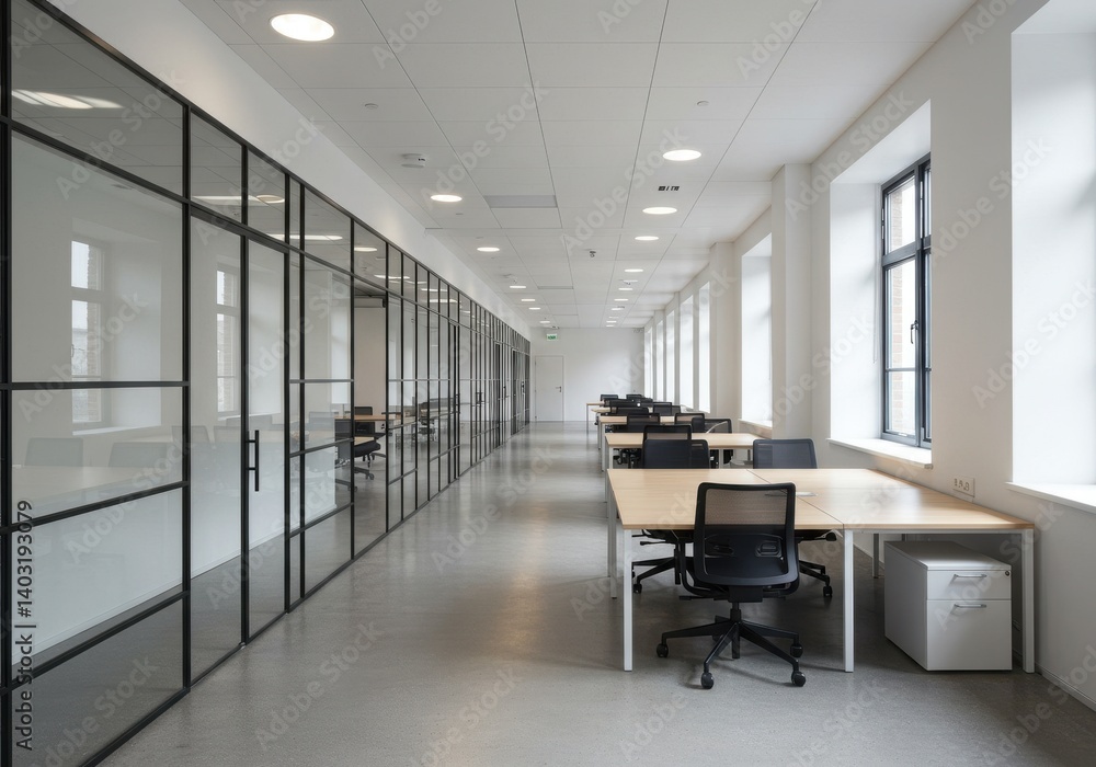 Bright office space with glass partitions and desks under recessed lighting and large window frames Bright office space with glass partitions and desks under recessed lighting and large window frames
