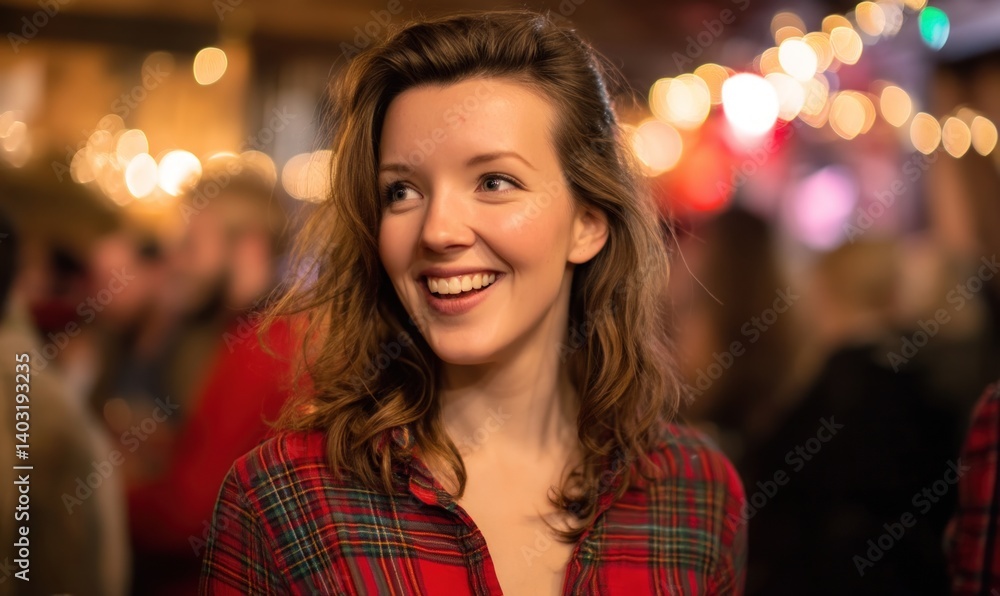 Smiling woman enjoys party with blurred people, lights bokeh. Stock photo Smiling woman enjoys party with blurred people, lights bokeh. Stock photo