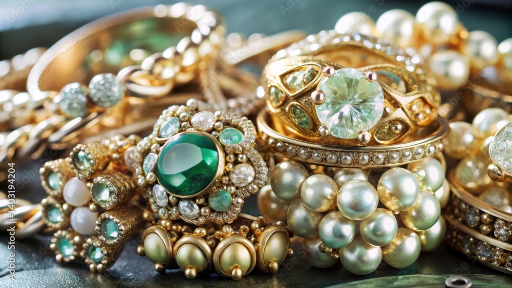 Obraz premium A stunning collection of ornate, golden rings adorned with pearls and colorful gemstones, showcasing luxury and intricate craftsmanship.