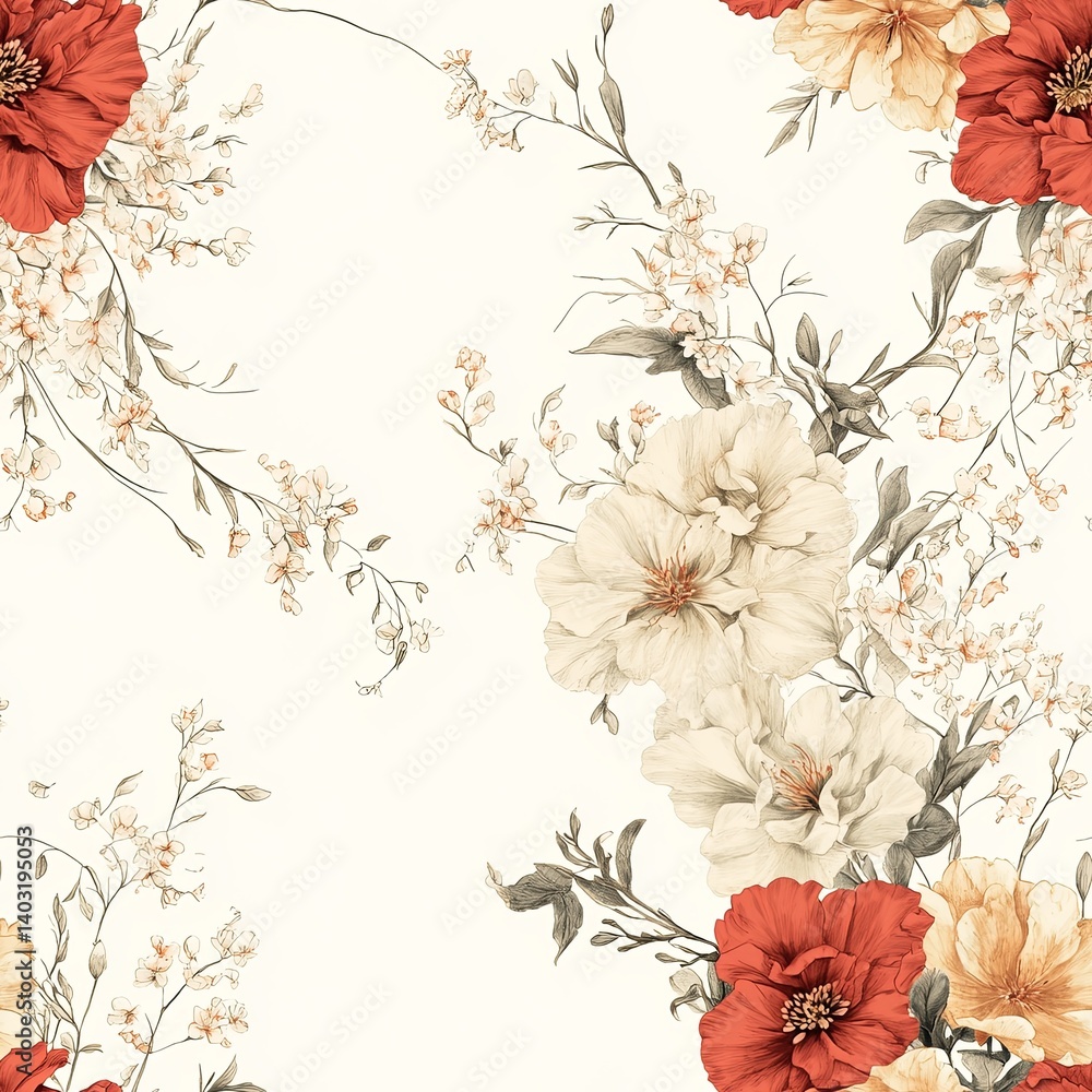 Fototapeta premium seamless flower pattern A beautiful floral pattern featuring vibrant red and soft cream flowers on a light background. soft pastel floral seamless background