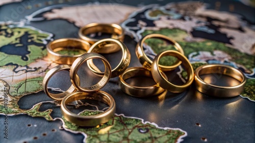 Wallpaper Mural A collection of golden wedding rings arranged on a world map, symbolizing love, commitment, and the journey of relationships across different places. Torontodigital.ca