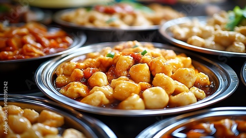Mouthwatering bowl of Asian dumplings served in flavorful sauce creating a stunning culinary scene : Generative AI