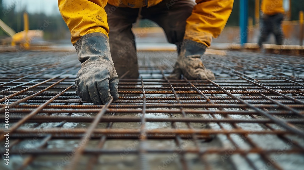 Construction worker setting up reinforcement bars. Featuring structural support and building Construction worker setting up reinforcement bars. Featuring structural support and building