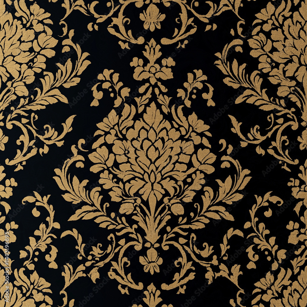 Seamless traditional Thai pattern in gold on black silk background. Seamless traditional Thai pattern in gold on black silk background.