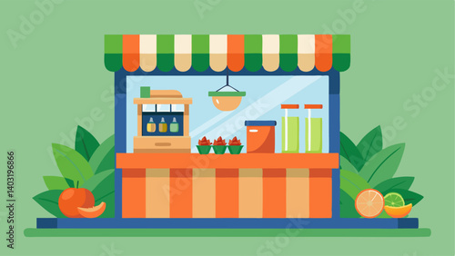 A small juice bar with fresh fruits and vegetables displayed on the counter.
