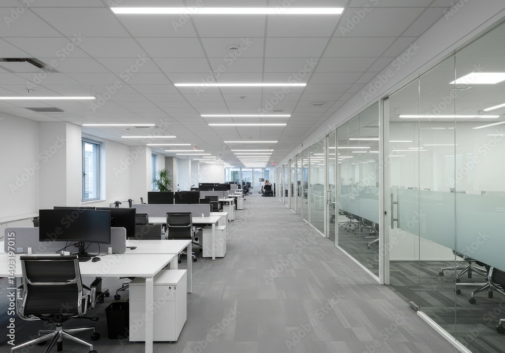 Perspective view of a modern office space with desks and glass walled conference rooms and white walls Perspective view of a modern office space with desks and glass walled conference rooms and white walls