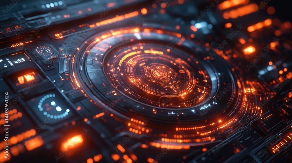 High-tech futuristic interface with glowing circular display High-tech futuristic interface with glowing circular display
