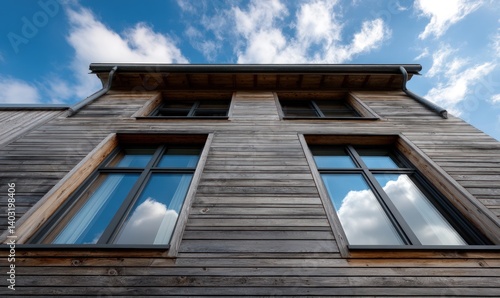 Wallpaper Mural Low angle of house with wooden panels, windows reflecting blue sky and clouds Torontodigital.ca