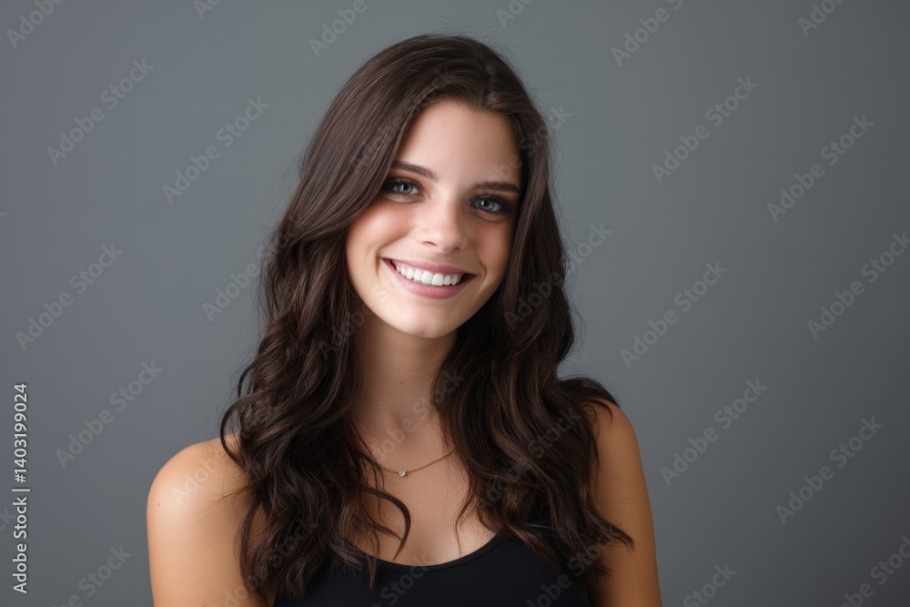 Young woman portrait; smiling in studio with soft gray background for advertising Young woman portrait; smiling in studio with soft gray background for advertising