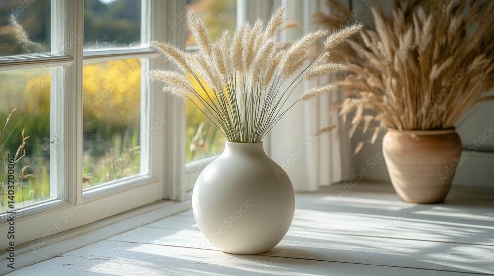 Pampas grass in a white vase on a windowsill, bathed in sunlight. Pampas grass in a white vase on a windowsill, bathed in sunlight.