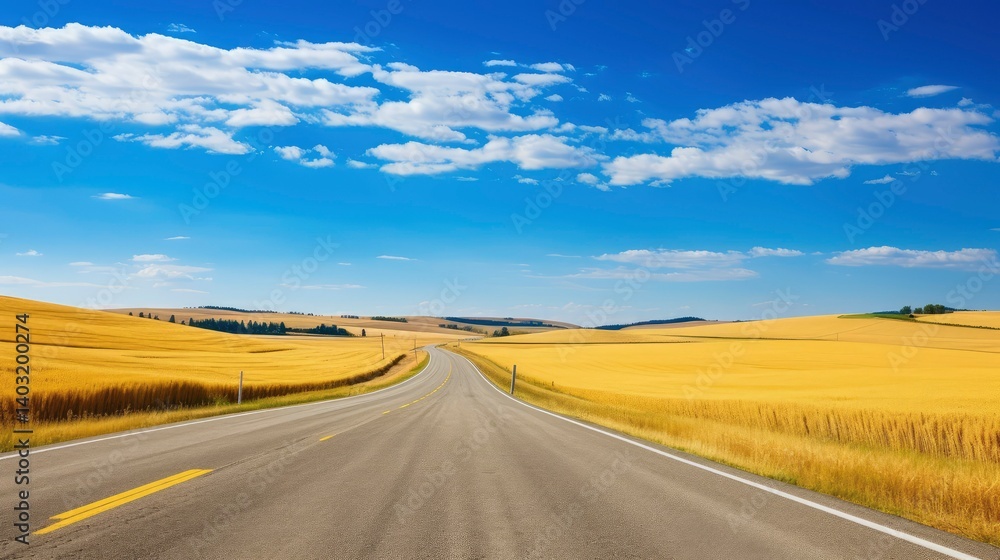Open Road Through Golden Wheat Fields Under a Blue Sky Open Road Through Golden Wheat Fields Under a Blue Sky