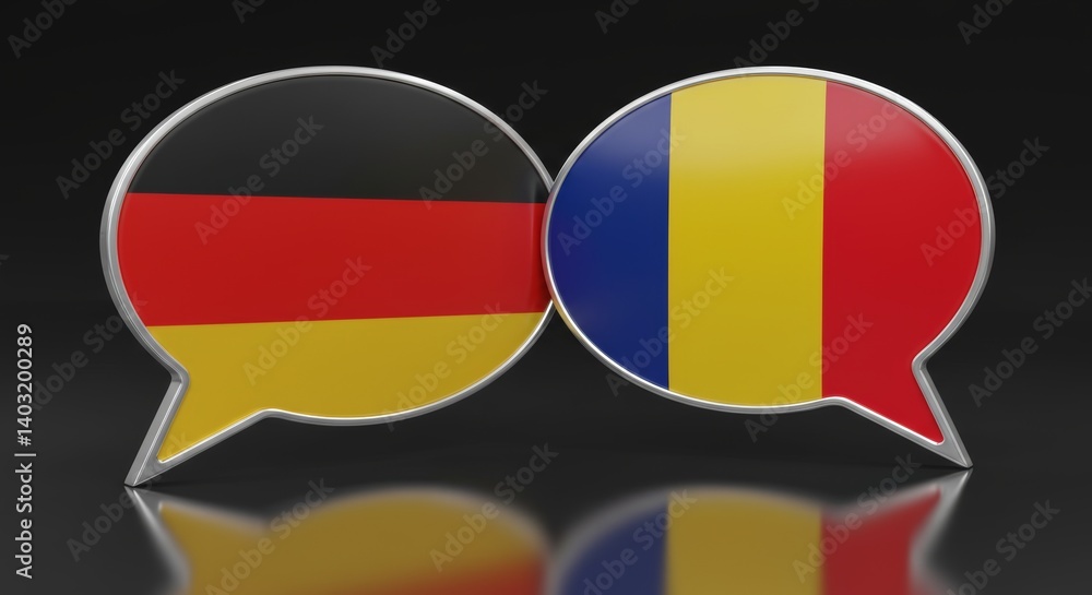 Germany and Romania dialog: 3D rendered speech bubbles reflecting international relations Germany and Romania dialog: 3D rendered speech bubbles reflecting international relations