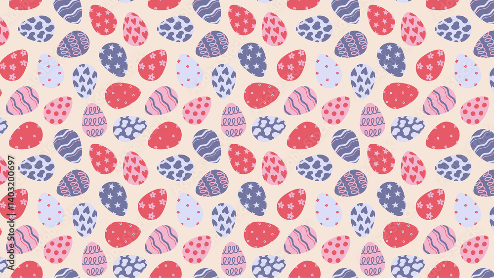Patriotic Easter egg seamless pattern with red, white, and blue decorated eggs featuring stars, stripes, and dots on a beige background. Patriotic Easter egg seamless pattern with red, white, and blue decorated eggs featuring stars, stripes, and dots on a beige background.