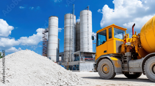 large industrial concrete plant with towering silos and heavy machinery, including bright yellow cement mixer, under blue sky with clouds