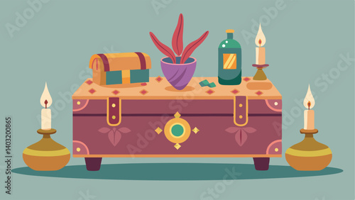 A vintage trunk repurposed as a coffee table adorned with bohemianstyle trinkets and a tray of candles.