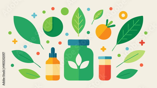 PlantBased Supplements A collection of colorful natural supplements surrounded by green leaves promoting the idea of wellness through plantbased nutrition.