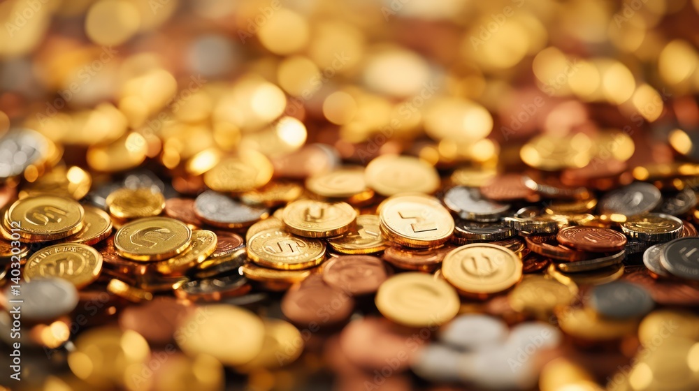 Golden coins scattered, close-up, blurred background, wealth concept Golden coins scattered, close-up, blurred background, wealth concept