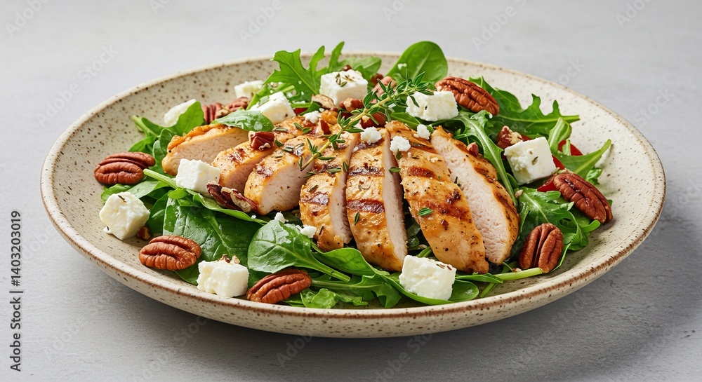 Grilled chicken salad with pecan and feta on arugula for healthy eating concept Grilled chicken salad with pecan and feta on arugula for healthy eating concept