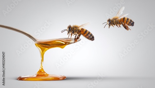 Two Bees Hovering Above Honey Dripping from Spoon in Still Life Presentation