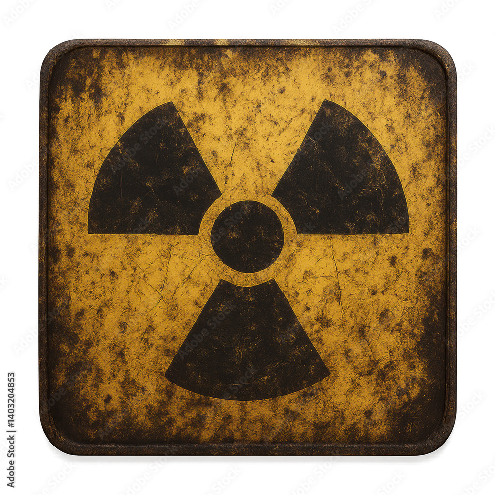 Fototapeta premium A sign with a radioactive symbol on it. The sign is old and worn, with a yellow and black color scheme. The sign is meant to warn people of the dangers of radiation