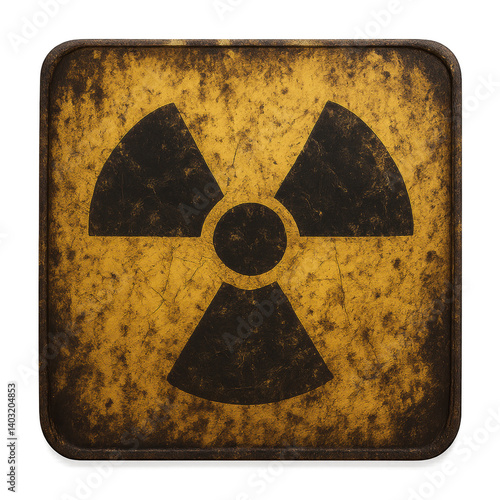 A sign with a radioactive symbol on it. The sign is old and worn, with a yellow and black color scheme. The sign is meant to warn people of the dangers of radiation