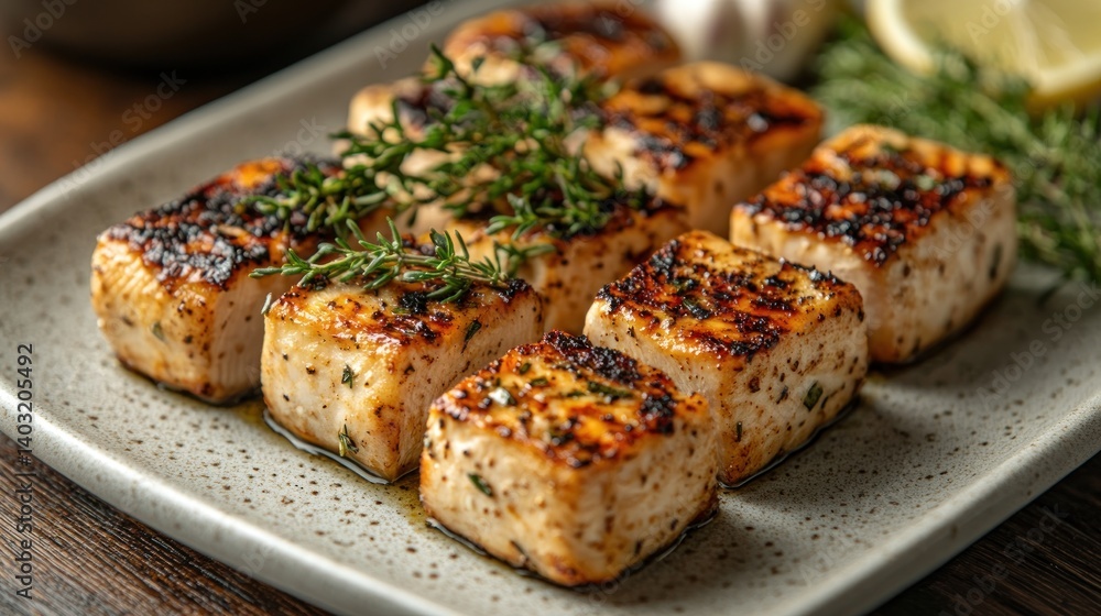 Grilled seasoned tofu cubes on a speckled rectangular plate, garnished with thyme and lemon. Grilled seasoned tofu cubes on a speckled rectangular plate, garnished with thyme and lemon.