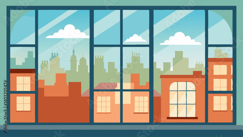 A wall of windows letting in natural light and providing a view of the town square.