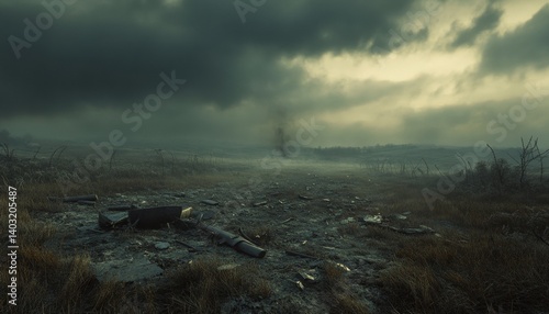 A desolate landscape ravaged by a powerful storm.