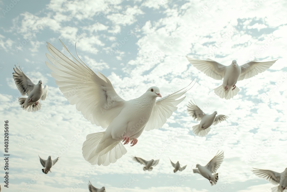 Fototapeta premium White Doves Soaring Gracefully In The Bright Blue Sky
