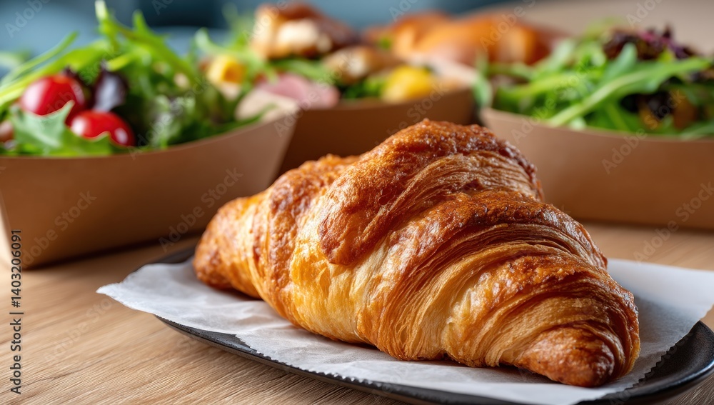 Croissant is served with side salads for lunch catering on wooden table Croissant is served with side salads for lunch catering on wooden table