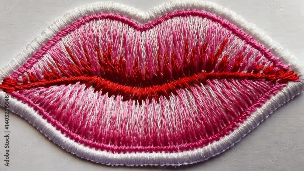 Embroidered patch of lips showing pink and red shades with white border for fashion or decorative projects, detail shot Embroidered patch of lips showing pink and red shades with white border for fashion or decorative projects, detail shot