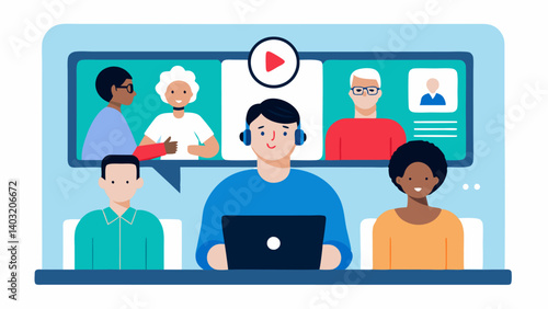 Live Streaming Event An enthusiast with a mobility impairment hosting a livestreamed discussion panel on accessibility in content creation with subtitles displayed on the screen