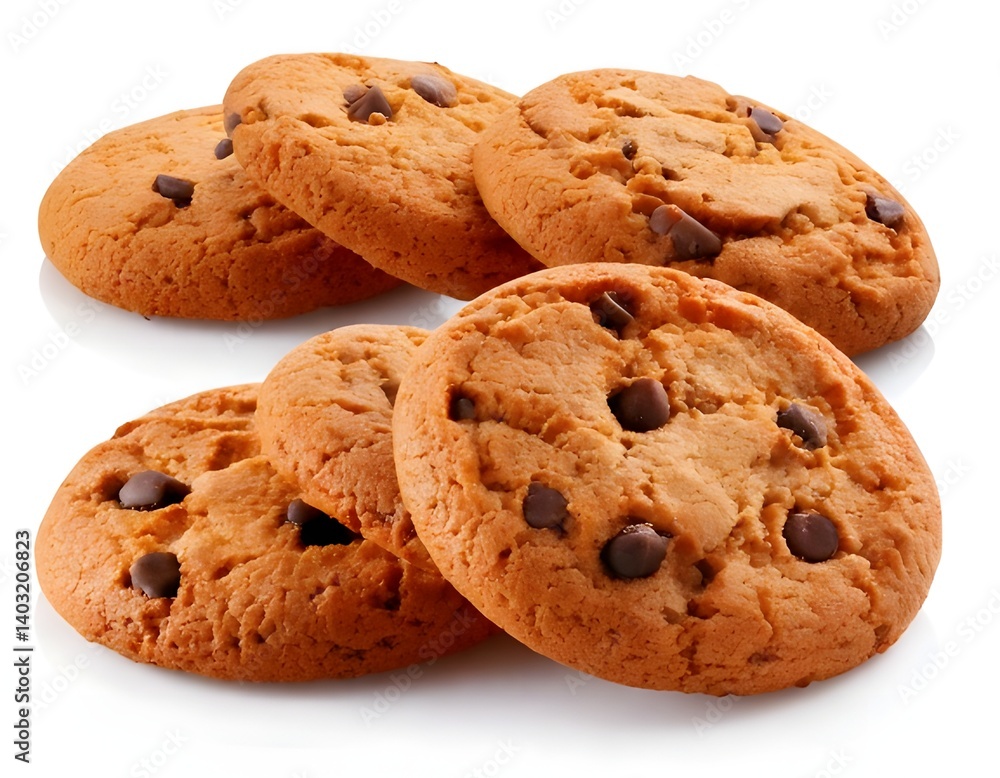 Chocolate chip cookies isolated on white background, homemade dessert snack, sweet baked treat, crispy and chewy cookie texture, classic pastry for cafe menu, food blog or bakery promotion Chocolate chip cookies isolated on white background, homemade dessert snack, sweet baked treat, crispy and chewy cookie texture, classic pastry for cafe menu, food blog or bakery promotion
