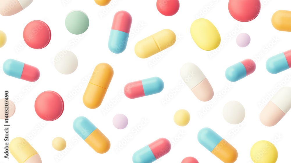 Colorful pills and capsules scattered randomly isolated on transparent background Colorful pills and capsules scattered randomly isolated on transparent background