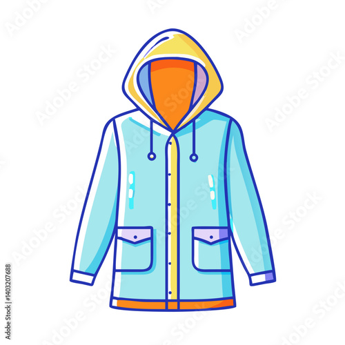 A Stylish Light Blue Raincoat with a Yellow Hood Perfect for Rainy Weather