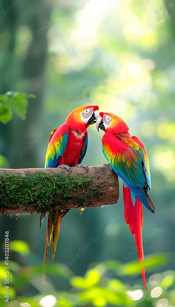 Scarlet Macaws Kissing Jungle Branch. Scarlet Macaws Kissing Jungle Branch.