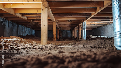 Crawl space with wooden beams and dirt floor, highlighting foundation repair needs.