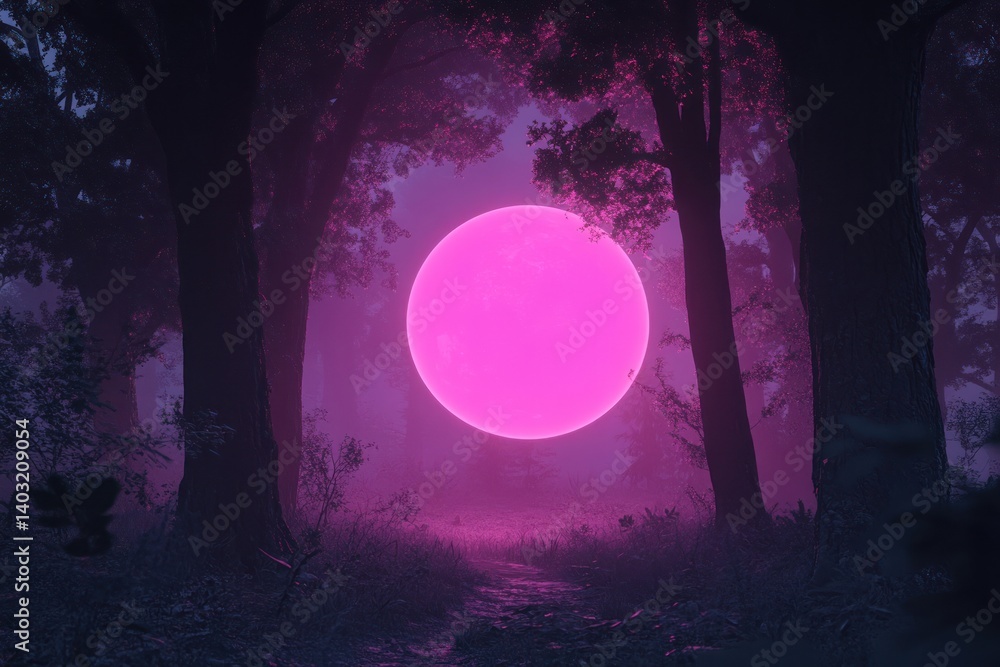 Fototapeta premium Enchanted forest with glowing pink moon at twilight