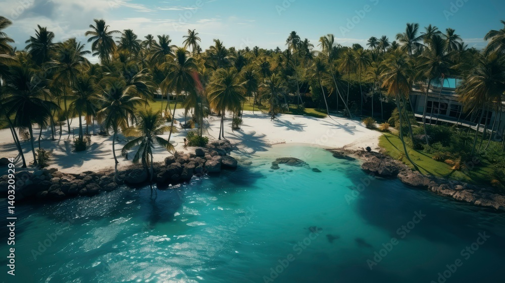 Aerial View of Luxurious Tropical Beachfront Property with Palm Trees and Turquoise Waters Aerial View of Luxurious Tropical Beachfront Property with Palm Trees and Turquoise Waters