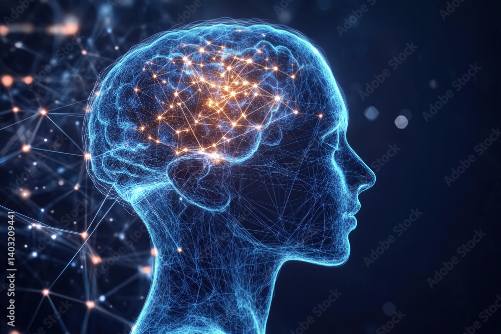 A digital representation of a human head in profile, showcasing a network of glowing connections within the brain against a dark background. A digital representation of a human head in profile, showcasing a network of glowing connections within the brain against a dark background.