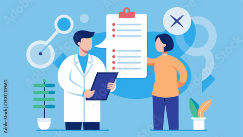 Personalized Health Goals A doctor and patient collaboratively setting health goals with a list of targets on a notepad and a background of DNA graphics symbolizing tailored health