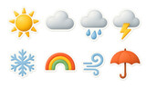 3d weather icons set featuring sun, cloud, rain, thunder, snowflake, rainbow, wind, umbrella