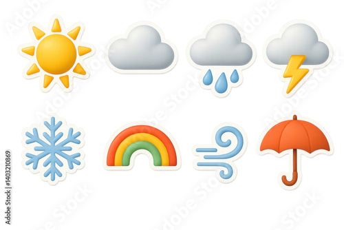 3d weather icons set featuring sun, cloud, rain, thunder, snowflake, rainbow, wind, umbrella