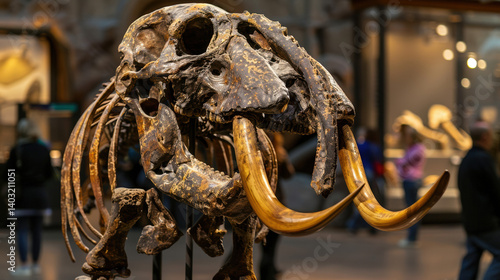 Gigantic mastodon fossil exhibited in natural history museum, prehistoric mammal skeleton on display for education and paleontology study, evolution and ancient wildlife concept.