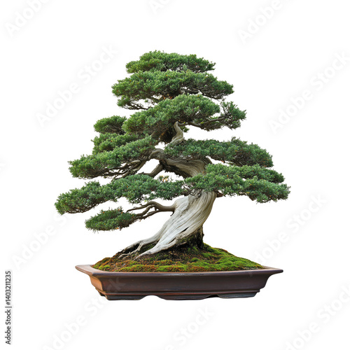 Ancient Juniper Bonsai Tree in Brown Rectangular Pot on Transparent Background
