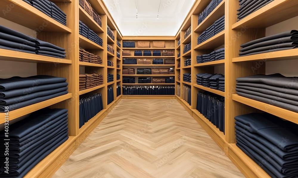 Fototapeta premium Organized Clothing Store Interior with Stacked Garments
